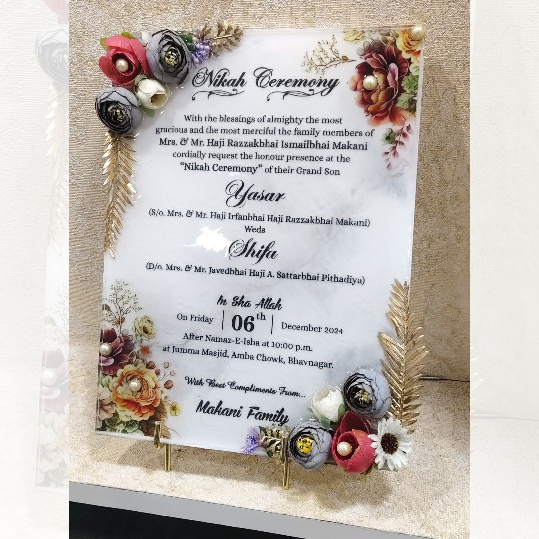 Luxury Resin Wedding Invitation – Floral & Gold Personalized Nikah Card