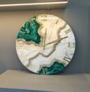 "Handmade resin art wall clock with a luxury geode design, featuring gold accents, Roman numerals, and a glossy marble finish – perfect for home or office décor."