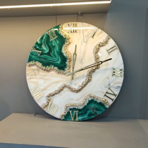 "Handmade resin art wall clock with a luxury geode design, featuring gold accents, Roman numerals, and a glossy marble finish – perfect for home or office décor."